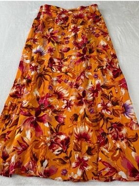 H&M Orange Floral A-Line Maxi Skirt with Pink & Red Blooms
